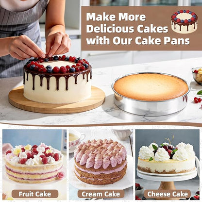TeamFar 8 Inch Cake Pan Set of 2, Stainless Steel Layer Cake Baking Pans Tins with 90 Pcs Parchment Paper, Round Bakeware for Birthday Wedding, Non-Toxic & Healthy, Mirror Finish & Dishwasher Safe