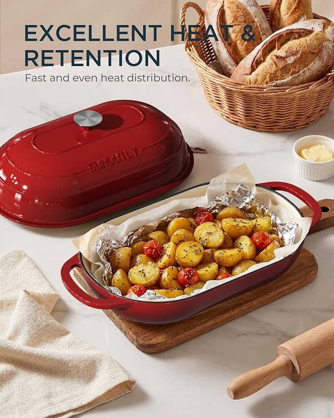Enameled Cast Iron Bread Oven, 5QT Cast Iron Dutch Oven for Homemade Sourdough Bread Baking, Oval Bread Pot with Dome Lid & Cotton Potholders, Cherry Red