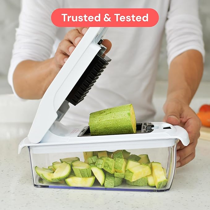 Vegetable chopper with zucchini being chopped, showing 'Trusted & Tested' text.