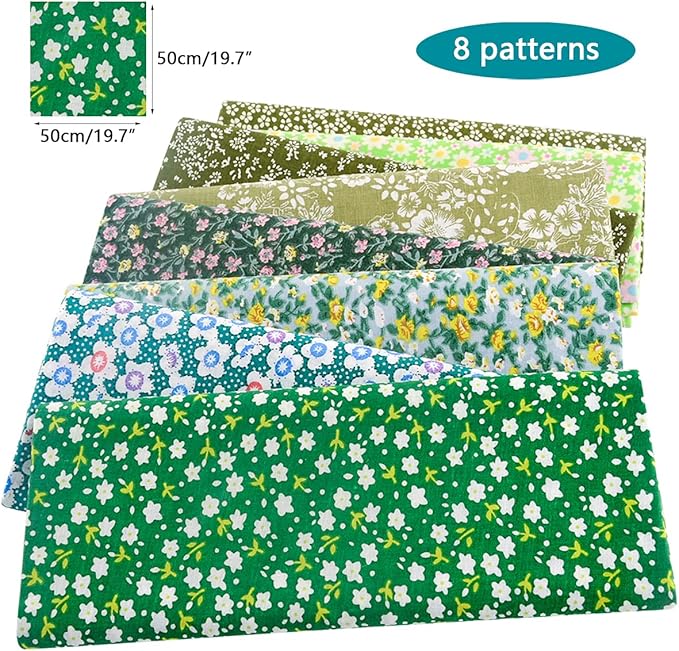 100% Cotton Fabric Bundle - 8 Pre-Cut Squares (20"x20"), Floral Pattern, Perfect for Beginners' Sewing, Quilting & Craft Projects - Green
