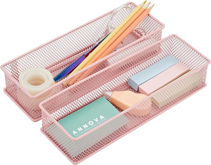 Annova Mesh Stackable Drawer Cabinet and Shelf Organizer Bins Storage Basket School Office Supply Holder Tray- Set of 2 (Light Pink, 3x9x2 Inch)
