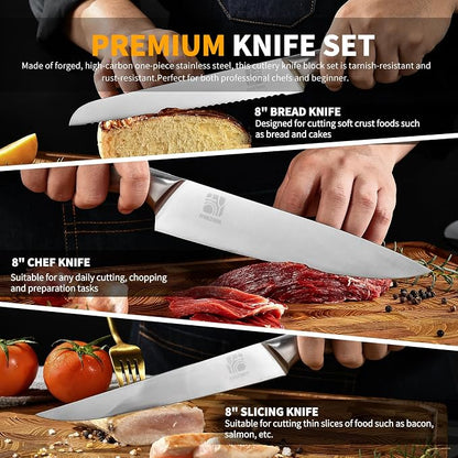 Premium Quality 14-Piece Knife Set with Block, Professional Chef Knife Set - Ultra-Sharp Kitchen Knives with Ergonomic Wood Handle, Ideal for Home, Outdoor, Camping, BBQ, and Gifts for Men