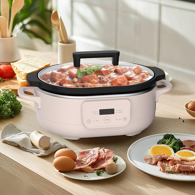 MAGNIFIQUE 6 Quart Programmable Slow Cooker Removable Healthy Nonstick Pot - Small Kitchen Appliance for Family Dinners - Serves 6+ People - Heat Settings: Keep Warm Pink