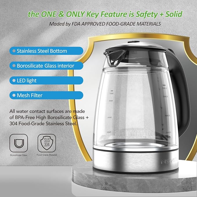 NISVITU 1.7L Dual Wall Cool Touch Electric Kettle, BPA-Free Borosilicate Glass Inner, PC Outer, 1500W Fast Boil Cordless Hot Water Boiler & Electric Tea Kettle, Keep Warm, Auto Shut-Off, Black