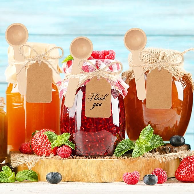 Baderke 50 Sets 3 Inch Mini Wooden Spoons Small Wooden Spoons Disposable Small Spoons for Spice Jars Wood Spoons with Tags and Twine Condiments Honey Sugar Kitchen Cooking Oil Tea Coffee