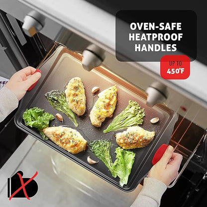 Baking Sheet, 2PC Cookie Sheet Set with Silicone Handles, Nonstick Steel Baking Pan, Baking Sheets for Oven, BPA Free Baking Pans Set, Cookie Sheets– Black Bakeware, Small & Medium