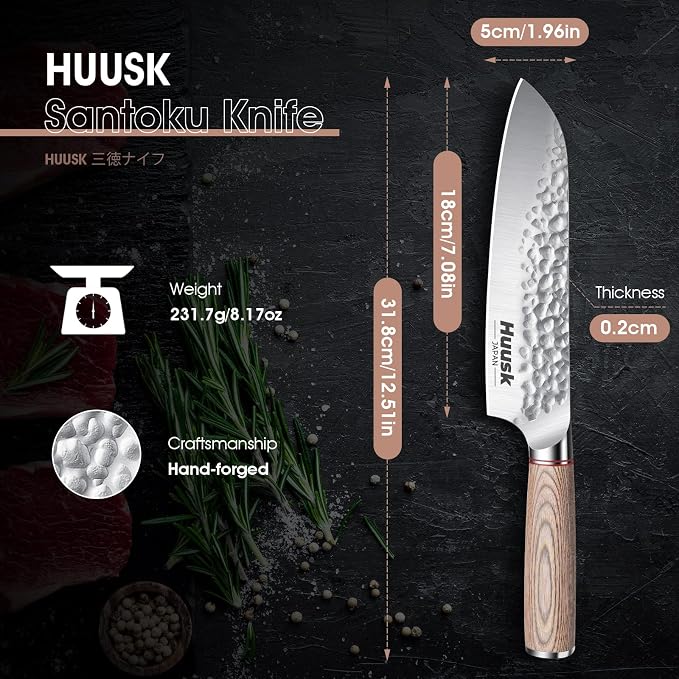 Huusk Japanese Chef Knife for Home & Kitchen - 7" Stainless Santoku Knife with Ultra Sharp High Carbon Blade, Cooking Knifes for Vegetable & Meat Cutting with Wood Handle, Gift Idea for Cooking Lovers