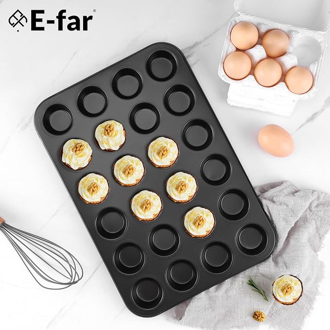E-far 4 Pack Mini Muffin Pan 24-Cup - Nonstick Carbon Steel Cupcake Tin Tray for Little Bites & Freezer Prep | Warp-Free Bakeware Ensures Even Baking & Effortless Release, Regular Size & Oven Safe