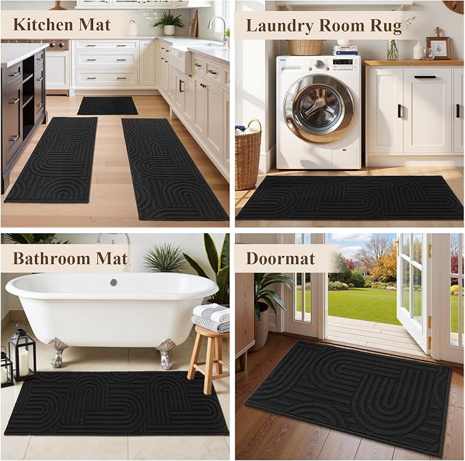 U'Artlines Kitchen Rugs and Mats Set of 3, Non Skid Washable Black Geometric Kitchen Mats for Floor, Absorbent and Stain Resistant Floor Mat for Laundry, Sink Decor 20x32+20x48+20x59