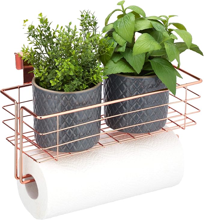 Relaxdays Hanging Basket with Kitchen Roll Holder, Storage, Kitchen & Bathroom, Wire Basket H x D: 18 x 31 x 17 cm, Copper