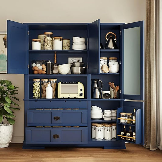 VilroCaz 78'' Tall Freestanding Kitchen Pantry with Hutch, Wooden Large Kitchen Storage Cabinet Cupboard with Drawers, Door Shelf and Adjustable Shelves for Dining Room Entryway (Blue-11.10)