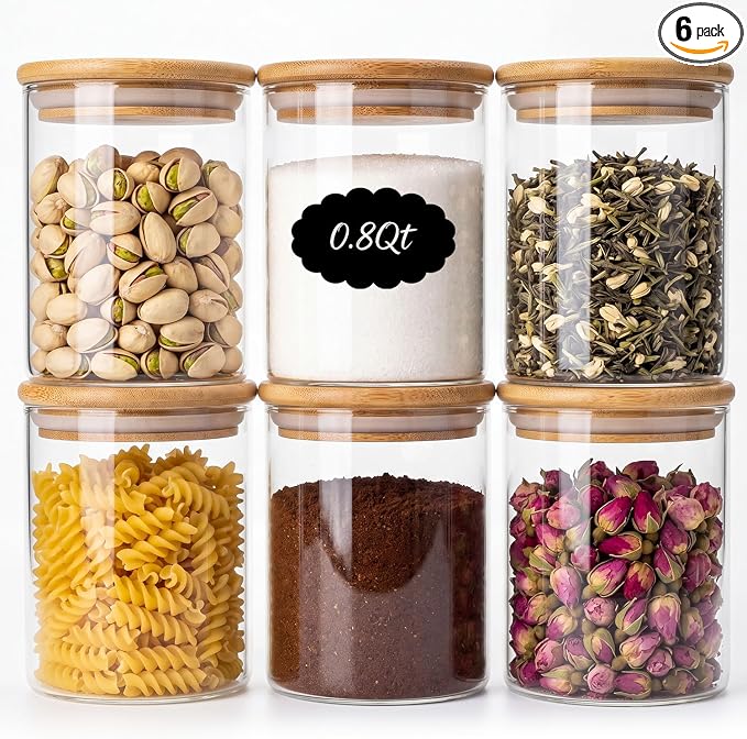 6-Pack 0.8Qt Round Glass Storage Jars with Bamboo Lids | Minimalist Kitchen Organizer,Pantry Storage Container,Food Storage Container,Scandinavian Style Storage,Nordic Style Storage