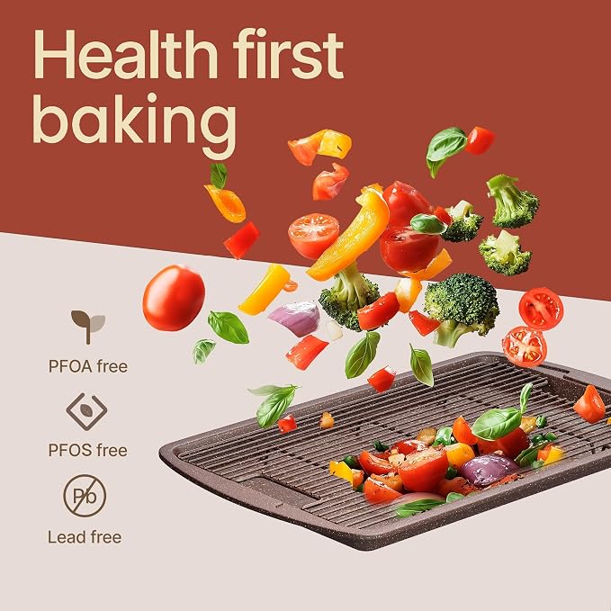 Cookie Sheet with Wire Rack Set, 2-Piece Nonstick Brown Marble Carbon Steel Pan & Cooling Rack, Space-Saving Stackable Set, PFOA, PFOS, PTFE Free, Oven Safe Up to 450°F, 17.4" Pan & 14.7" Rack