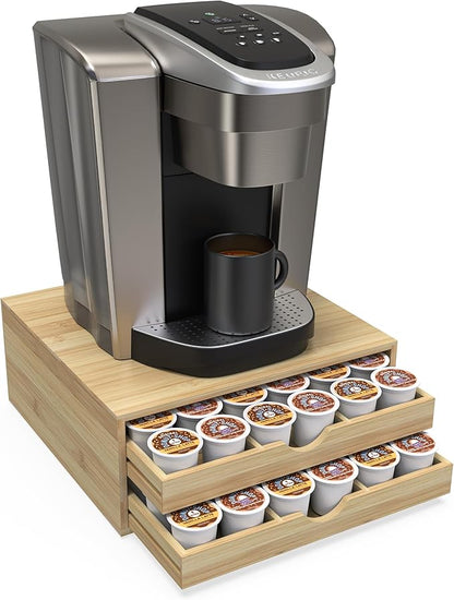 Bamboo Coffee Pod Drawer Organizer Compatible with K-Cups, Under Cabinet Coffee Station Storage Rack, Natural Wood Capsule Holder for 72 Pods, Countertop Coffee Machine Stand