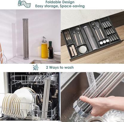 Tomorotec Roll Up Dish Drying Rack Over the Sink Grey Large Dish Drying Rack Rolling Foldable Collapsible SUS304 Stainless Steel Multipurpose Dish Drainer for Kitchen Counter (21”x15.7”)