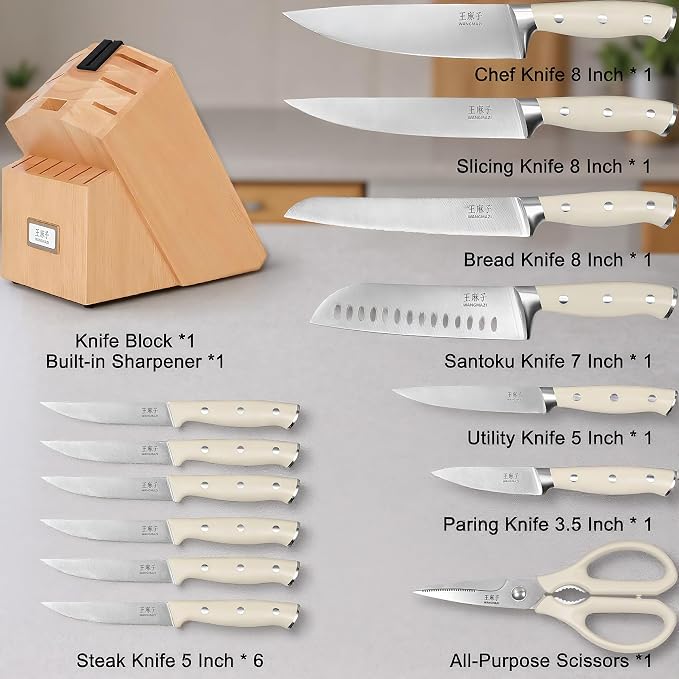 WANGMAZI Block Knife Set, 15 Pcs Kitchen Knife Set with Block and Sharpener, Ultra Sharp Kitchen Knives Set, Modern Style for Home & Chef, Natural Pro