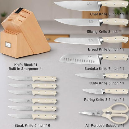 WANGMAZI Block Knife Set, 15 Pcs Kitchen Knife Set with Block and Sharpener, Ultra Sharp Kitchen Knives Set, Modern Style for Home & Chef, Natural Pro