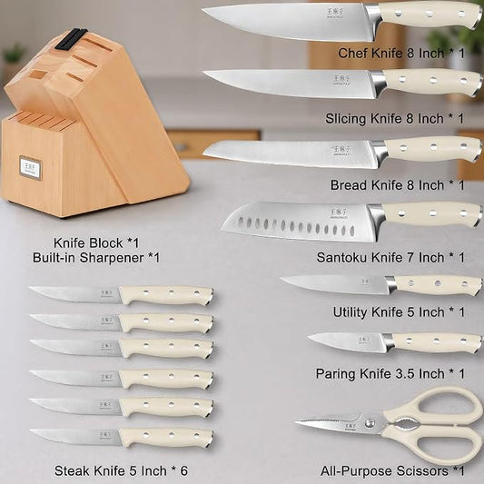 WANGMAZI Block Knife Set, 15 Pcs Kitchen Knife Set with Block and Sharpener, Ultra Sharp Kitchen Knives Set, Modern Style for Home & Chef, Natural Pro