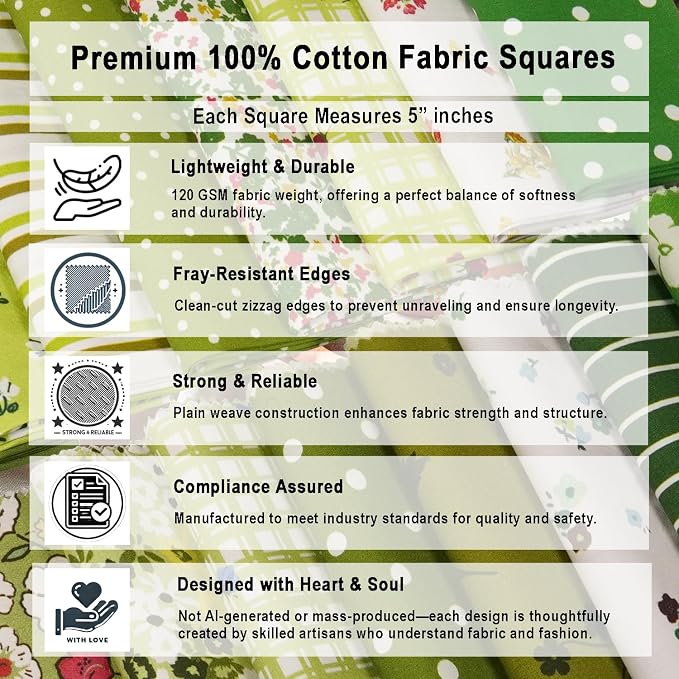 Soimoi 40 Pcs Cotton Fabric Squares Bundles Charm Packs for Quilting, Fat Quarter Layer Cakes, Precuts Quilt Squares 5 x 5 inches, DIY Fabric Bundle - Meadow Bliss
