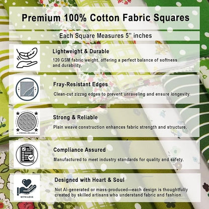 Soimoi 40 Pcs Cotton Fabric Squares Bundles Charm Packs for Quilting, Fat Quarter Layer Cakes, Precuts Quilt Squares 5 x 5 inches, DIY Fabric Bundle - Meadow Bliss