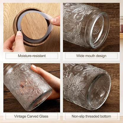 Suclain 5 Pcs Sunflower Vintage Glass Jars with Bamboo Airtight Lid 17/24/34 oz Glass Food Containers Storage for Kitchen Counter Pantry Sugar Flour Coffee Tea Candy Oats Cereal(Round)