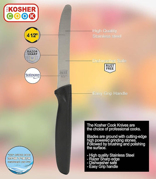 The Kosher Cook Black Kitchen Knife – 4.5” Steak and Vegetable Knife - Razor Sharp Curved Tip, Straight Edge - Color Coded Kitchen Tools
