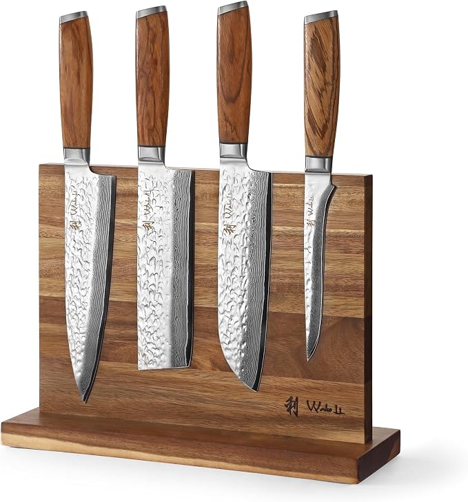 Wakoli 4-Piece Damascus Knife Block Set, VG10 Core 67-Layer Damascus Steel Kitchen Knives with Magnetic Acacia Wood Block, Ergonomic Zebrawood Handles, Hand Wash Only