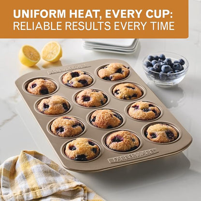 Farberware Bakeware Warp Resistant, Dishwasher Safe, 12-Cup Muffin Pan - Mocha