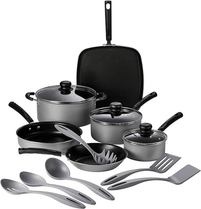 Tramontina Primaware 15-Piece Non Stick Cookware Set with Lids and Utensils, Aluminum Nonstick Pots and Pans Kitchen Set (Silver)