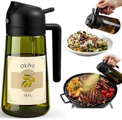 Glass Olive Oil Sprayer for Cooking 16oz/470ml – Dark-Green 2-in-1 Glass Oil Sprayer & Dispenser with 9 Labeled Stickers, Kitchen Gadgets & Air Fryer Accessories, Olive Oil Dispenser – Black