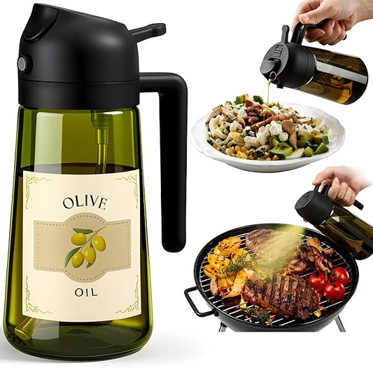 Glass Olive Oil Sprayer for Cooking 16oz/470ml – Dark-Green 2-in-1 Glass Oil Sprayer & Dispenser with 9 Labeled Stickers, Kitchen Gadgets & Air Fryer Accessories, Olive Oil Dispenser – Black