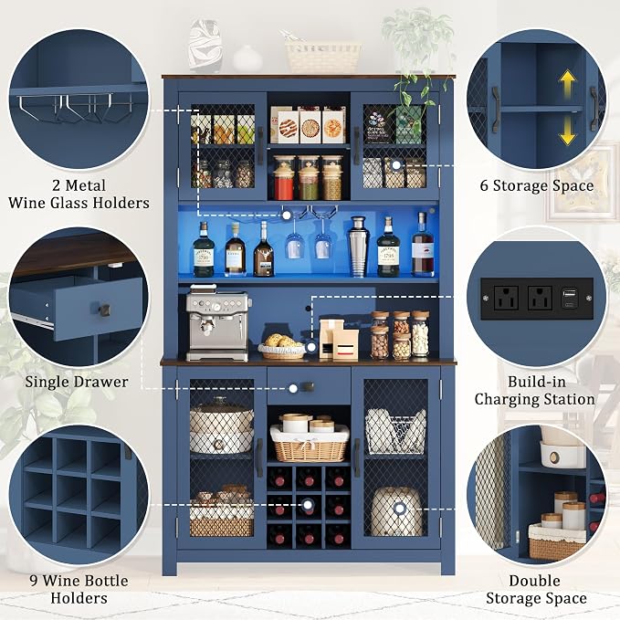 VilroCaz 70.9" Tall Farmhouse Kitchen Pantry Buffet Cabinet with Doors, Drawer and Shelves Wine Rack, Wooden Kitchen Hutch Cabinet with LED Outlets for Dining Room (Navy Blue-R)