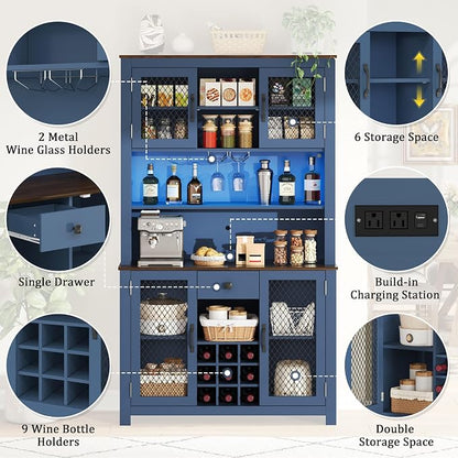 VilroCaz 70.9" Tall Farmhouse Kitchen Pantry Buffet Cabinet with Doors, Drawer and Shelves Wine Rack, Wooden Kitchen Hutch Cabinet with LED Outlets for Dining Room (Navy Blue-R)