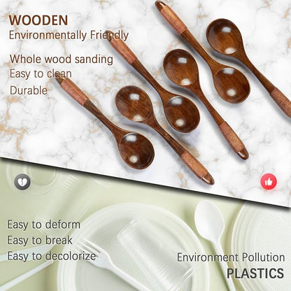 6 PCS Wooden Spoons for Honey, 6.7 inch Small Wooden Spoons - Terrific for Tea, Coffee & Soup, Little Wood Serving Table Spoon Set, Bulk Bamboo Teaspoon for Eating with Wrapped Handles