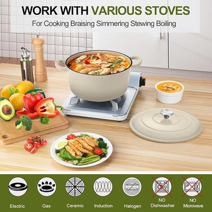 P&P CHEF 5QT Enameled Dutch Oven, Cast Iron Dutch Oven Pot with Lid for Bread Baking, Enameled Casserole Pot for Roasting Braising Stewing Frying Simmering, Various Stoves & Easy Clean, Khaki