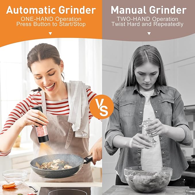 Rechargeable Salt and Pepper Grinder Set with LED Light, Adjustable Coarseness shakers, One-Hand Operation for Kitchen Appliances Christmas Gift Sets for Women(2 Pack Upgrade Black)