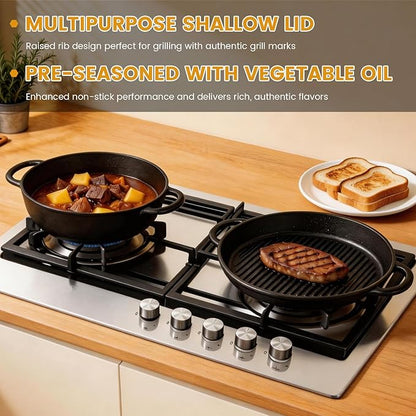 Cast Iron Dutch Oven With Skillet Lid - JINCHUFURI, 2-in-1 Pre-Seasoned Heavy Duty Cookware Set for Bread Baking, Frying, Camping, BBQ, Oven, Grill & Stovetop, 3.5QT