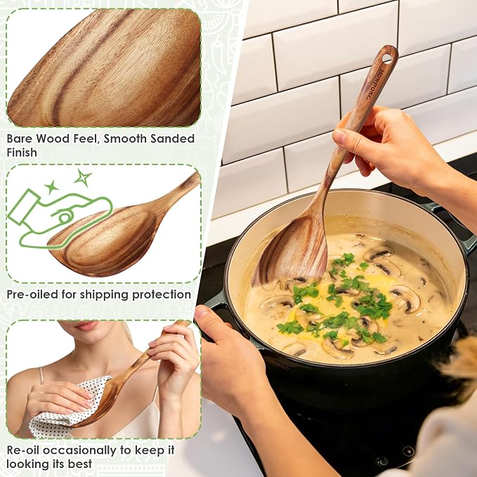 HOWHONG Corner Spoon Wooden Cooking Utensil, Long Handle Acacia Wood Spoon for Cooking, Large Head for Pan Edges, Smooth Finish, Nonstick Cookware Safe, Bare Wood Feel for Daily Kitchen Use