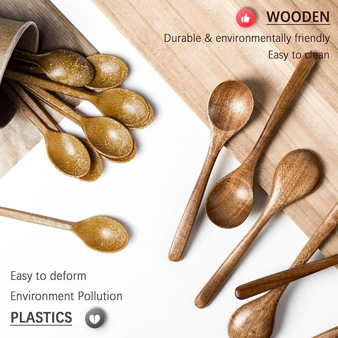 4 PCS Wooden Spoons for Eating, 7 inch Wooden Honey Spoons for Tea, Wood Teaspoons for Stirring Coffee, Acacia Wood Table Spoon for Cooking, Small Serving Spoon for Soup, Desserts & Cereal
