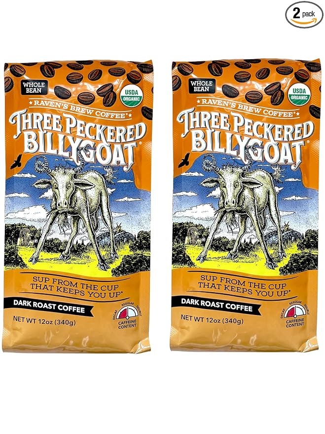 Raven's Brew Coffee Bold Organic Coffee Dark Roast Whole Bean - Organic Three Peckered Billy Goat 2-pack of 12oz