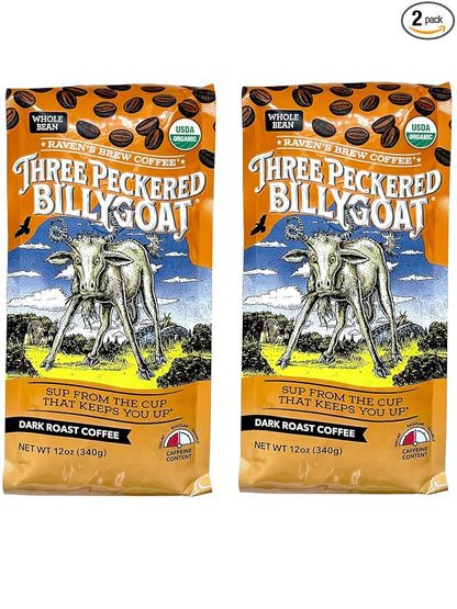 Raven's Brew Coffee Bold Organic Coffee Dark Roast Whole Bean - Organic Three Peckered Billy Goat 2-pack of 12oz