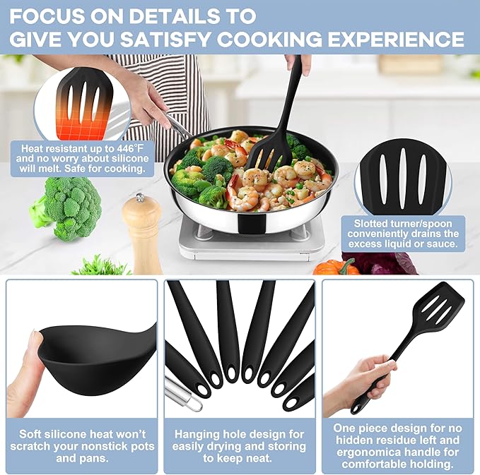 TeamFar Silicone Cooking Utensils Set, 8 PCS Kitchen Utensils Set, 446°F Heat Resistant, Turner, Spatula, Spoon, Whisk, Kitchen Cooking Gadgets Tools for Nonstick Cookware, Dishwasher Safe-Black