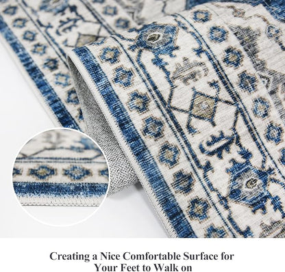 Hallway Washable Runner Rug - 2x10 Kitchen Rugs Entryway Rug Runner Vintage Soft Floor Mat Non Slip Indoor Farmhouse Carpet for Bathroom Living Room Bedroom (2 X 10, Blue)