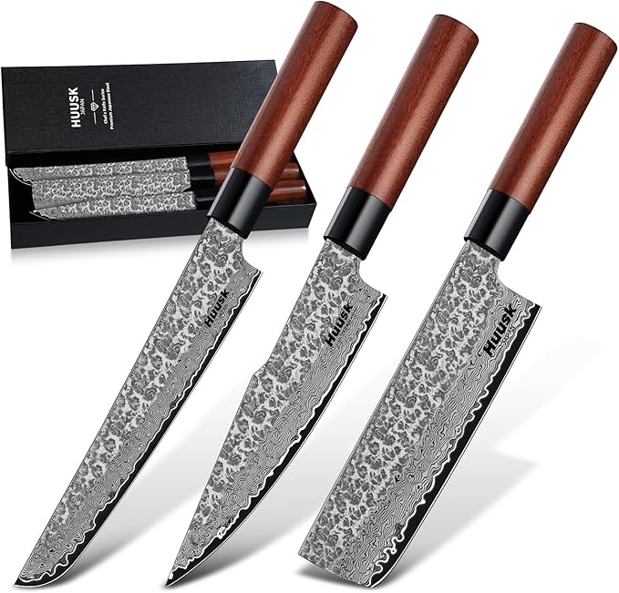 Huusk Japanese Kitchen Knife Set - 3pcs Hand Forged VG10 Damascus Meat Cleaver Boning Knife for Meat Cutting, Nakiri Vegetable Knives, Gyuto Chef Knives Set for Cooking, Fathers' Day Gift for Dad