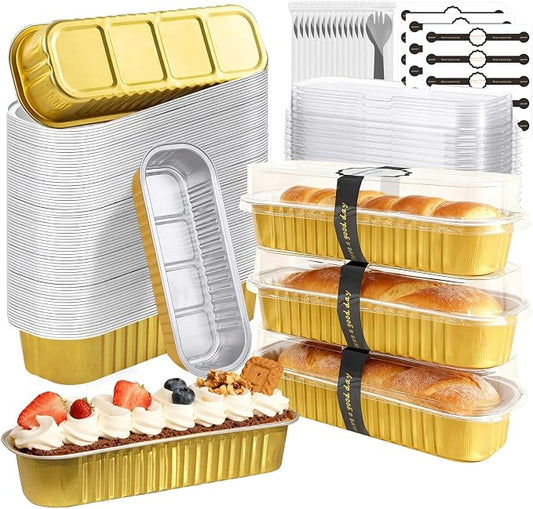 Mini Cake Pans With Lids And Spoons 50 Pack,6.8 oz Rectangle Mini individual Loaf Pans Disposable Aluminum Foil Small Baking Cups Tins (50, gold)