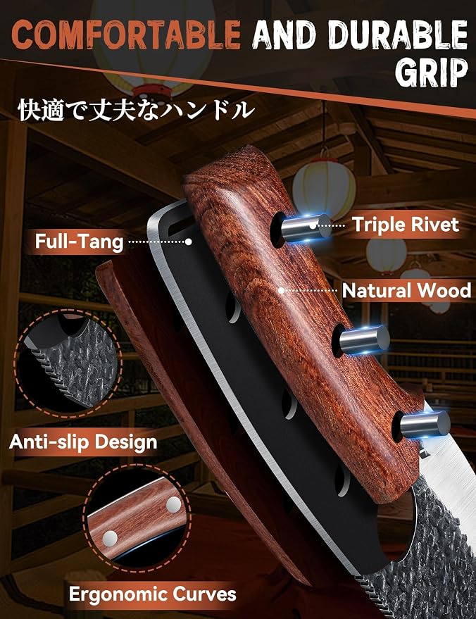 Huusk Viking Knife, Japanese Butcher Knife for Meat Cutting, Hand Forged Boning Knives with Ergonomic Wood Handle, High Carbon Steel Japanese Chef Knifes for Camping, BBQ, Fathers' Day Gift for Dad