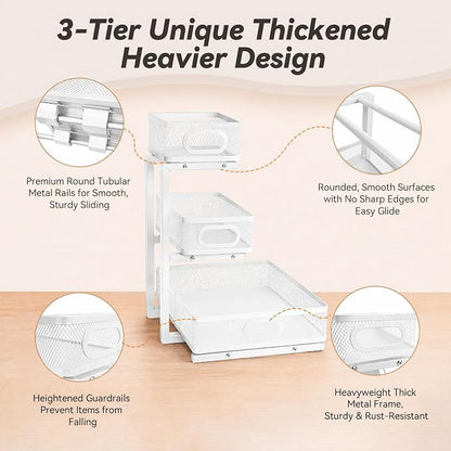 3-Tier Under Sink Organizer 2-Pack, Thickened Metal Pull out Cabinet Shelf, Height Adjustable Slide Out Drawer Storage Rack for Bathroom Kitchen Pantry Laundry Home Office Organization (White)