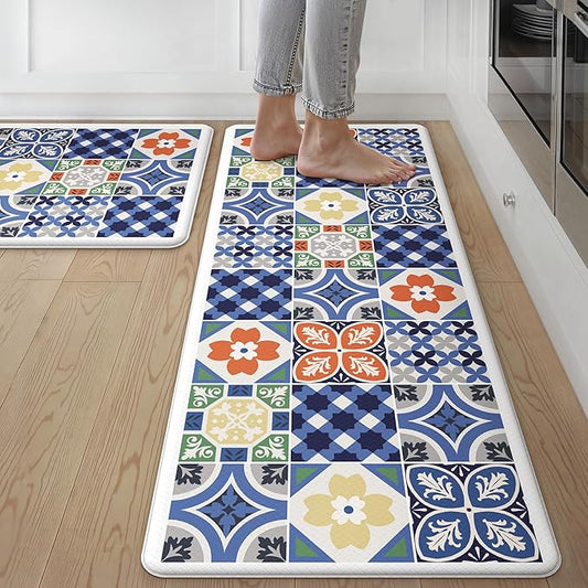 GENIMO Anti Fatigue Kitchen Mats for Floor, Cushioned Non Slip Kitchen Rug, Waterproof Kitchen Floor Mat Runner, Kitchen Mat for Laundry, Sink, Office, Entryway, 17.3"x47"+17.3"x30", Blue