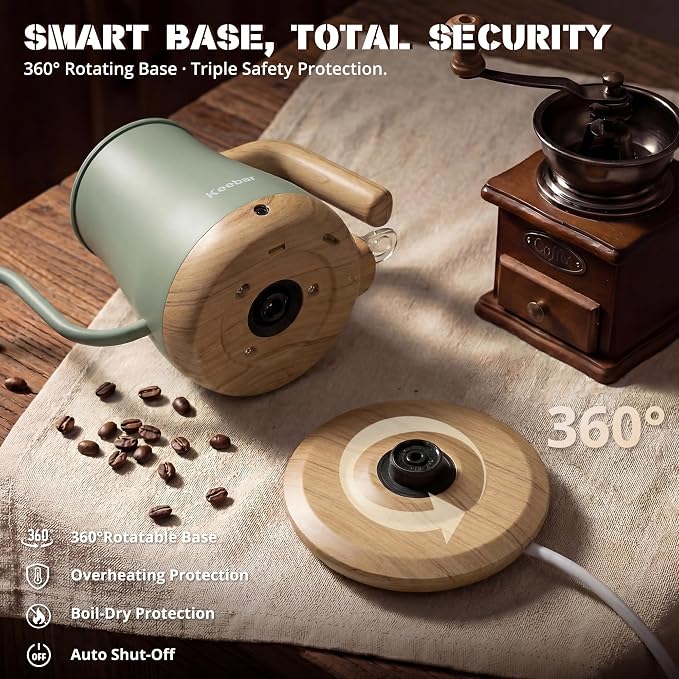 Electric Kettle, Electric Tea Kettle Stainless Steel, Gooseneck Electric Kettle, 1000W Hot Water Kettle Electric Auto Shut Off, 0.8L, Wood-like Grain Finish Handle, Light Green