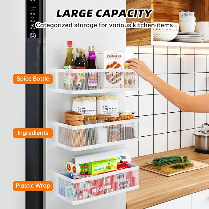 3 Pack Magnetic Spice Rack for Refrigerator, Heavy Duty White Metal Fridge Organizers & Storage Baskets, Multi-use Magnetic Shelves for Kitchen Organization, Pantry, Laundry Room & Bathroom Storage